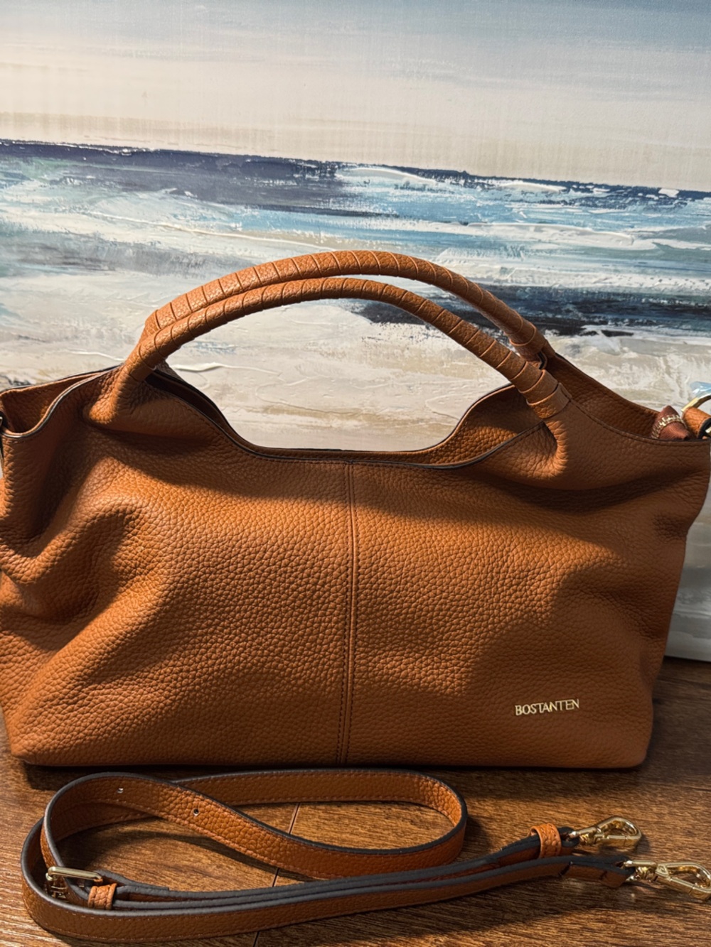 BOSTANTEN Tan Pebbled Leather Shoulder Bag with Detachable Strap